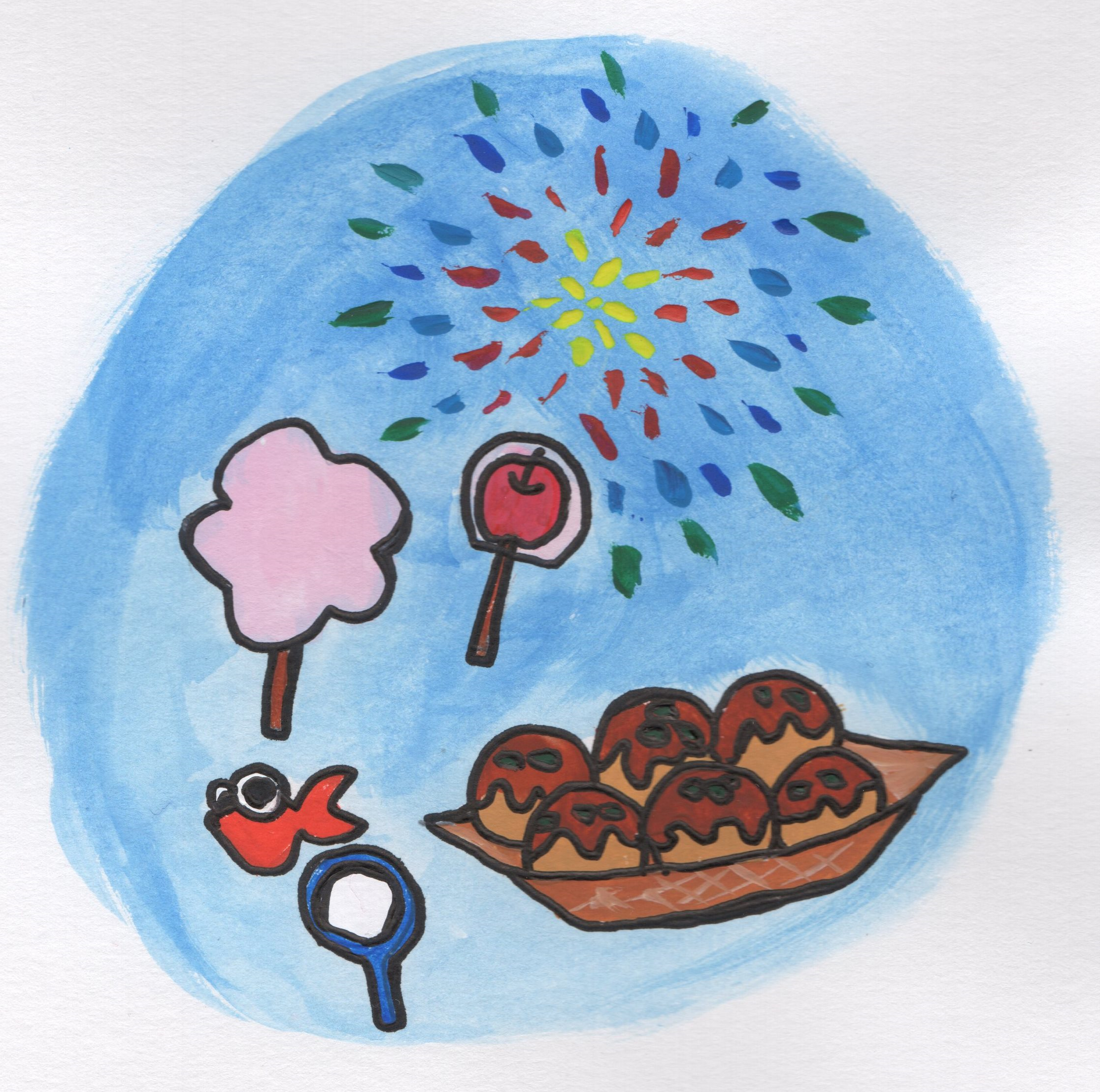 お祭り 花火 綿菓子 たこ焼き りんご飴 金魚すくい のイラスト 手書きの無料イラストとフリー素材屋byまい
